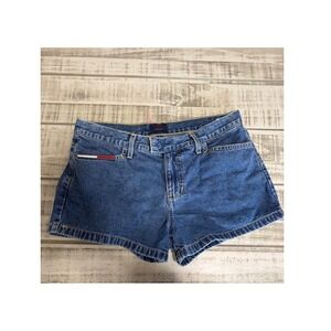 Tommy Jeans Women Denim Booty Shorts Blue High Rise Distressed Logo Size 9